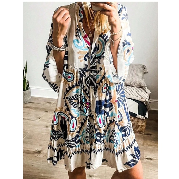 BellanBlue Dresses & Skirts - Boho Floral Print Button 3/4 sleeve Ruffle Hem Dress